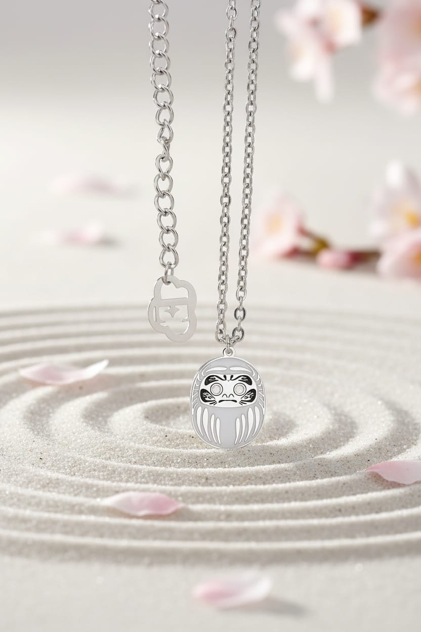 Collana Uomo Mini Daruma Bianco in rodio con catena acciaio simbolo di armonia ed equilibrio 50 cm