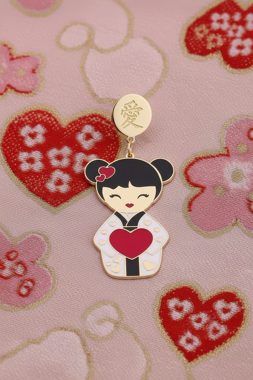 Orecchini Ai Kokoro oro 24kt su tessuto con cuori rossi, bambola kawaii kimono bianco con cuore e disco inciso 愛 – Nuage d'Étoiles