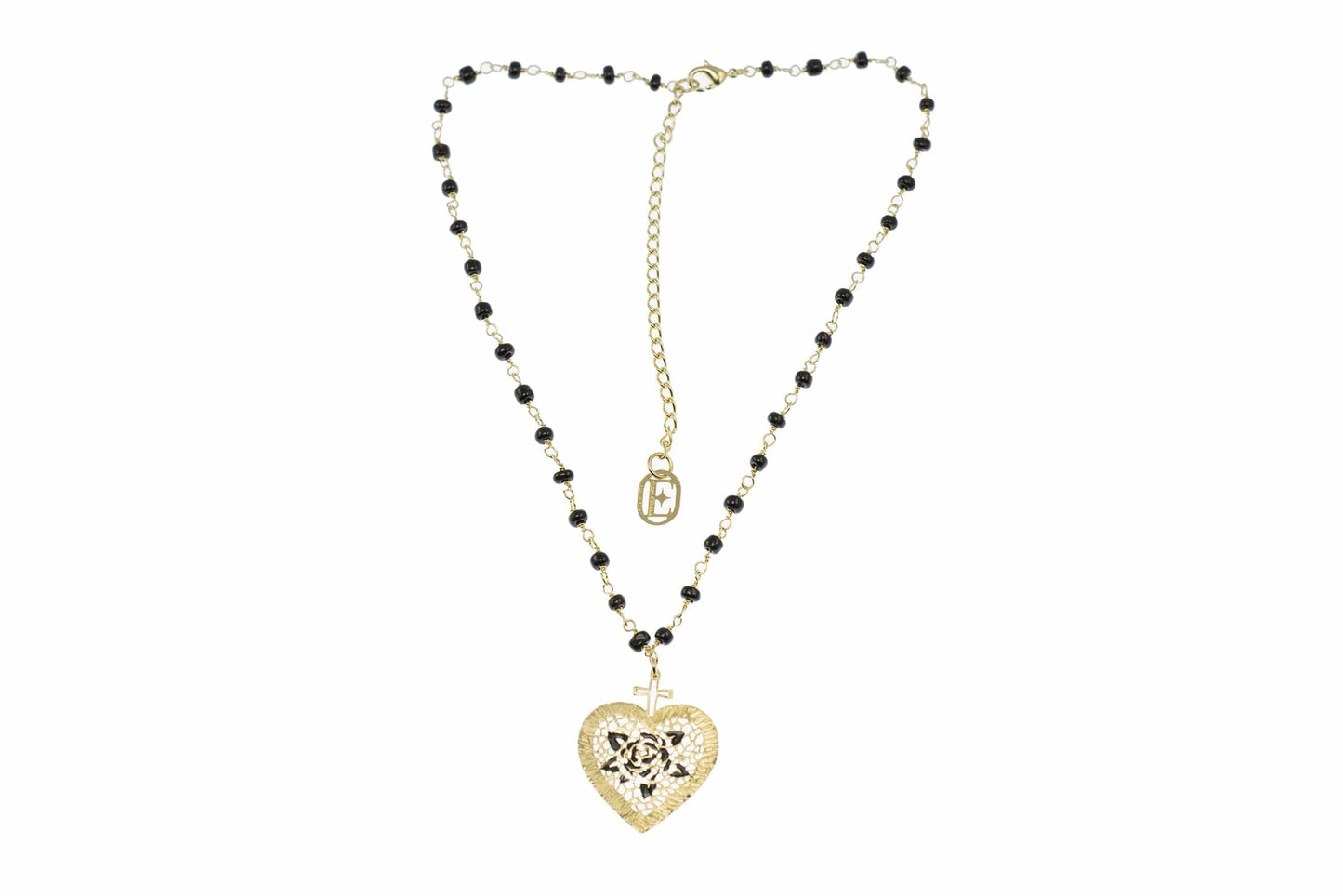 Collana Rosario (42cm) + cuore con rosa nera