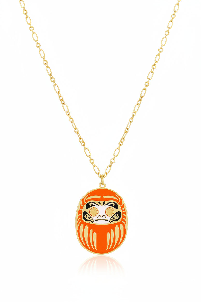 Collana Daruma Arancione con ciondolo oro 24K simbolo di famiglia creatività e nuovi inizi catena lunga 90 cm donna