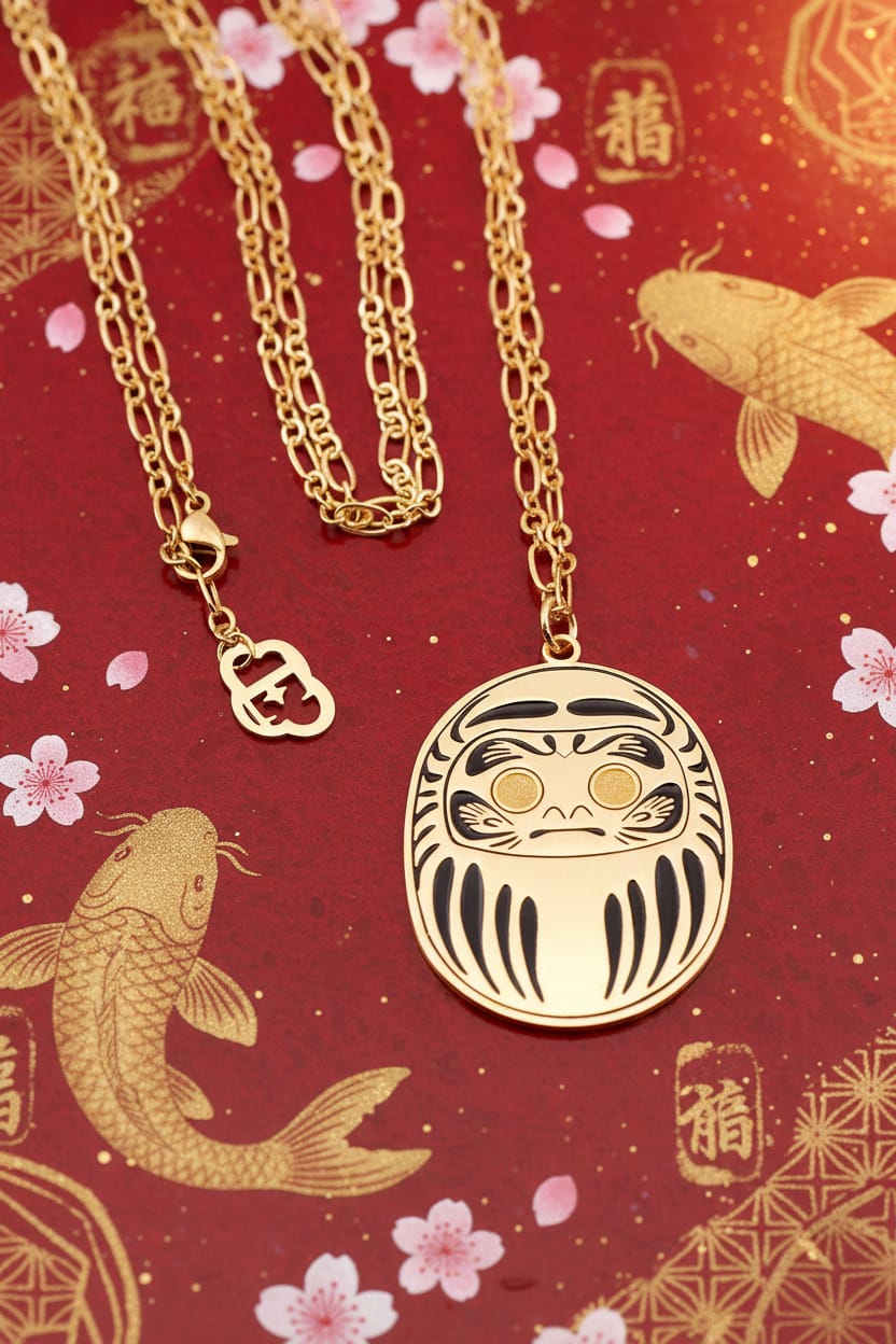 Collana Daruma Oro portafortuna Giappone per ricchezza e abbondanza su tappeto giapponese rosso