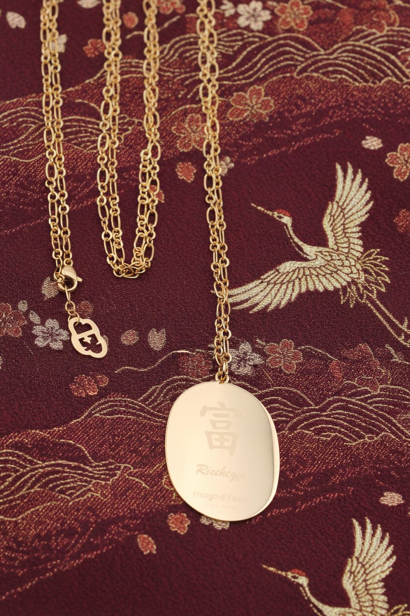 Collana Daruma Oro Prortafortuna Giapponese per ricchezza e abbondanza , incisione retro con simbolo giapponese della fortuna su tappeto giappone