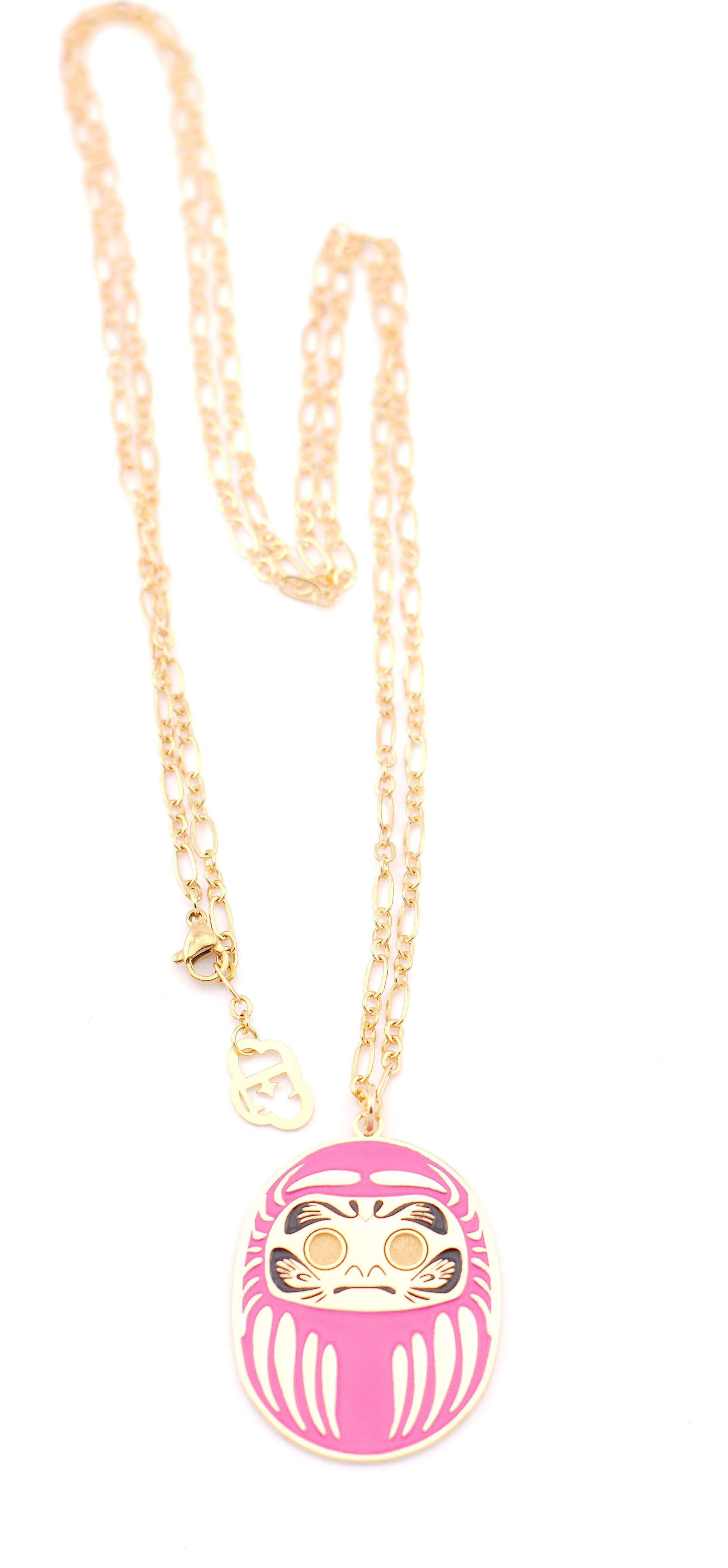 Collana 90 cm in ottone placcato oro con smalto rosa portafortuna che simboleggia l'amore 