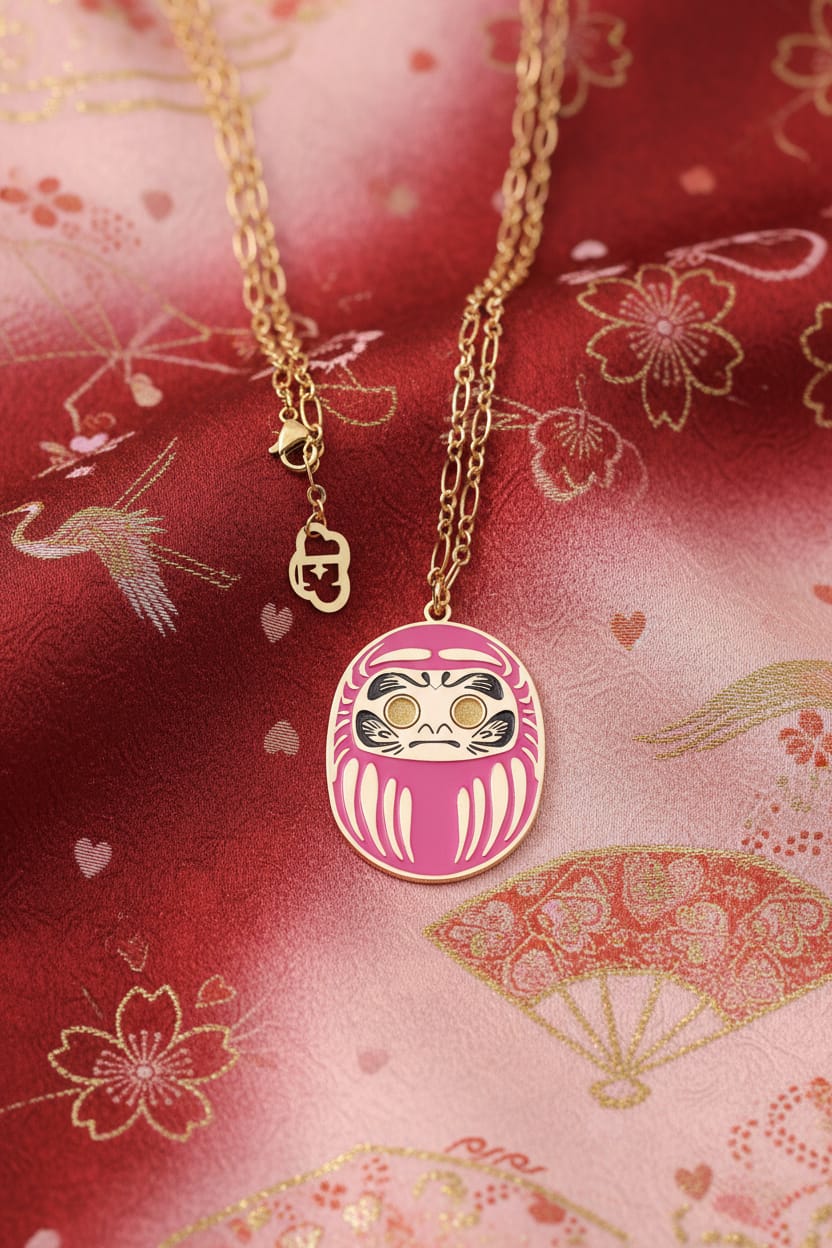 Collana Daruma Lunga rosa su tappeto Amore giapponese