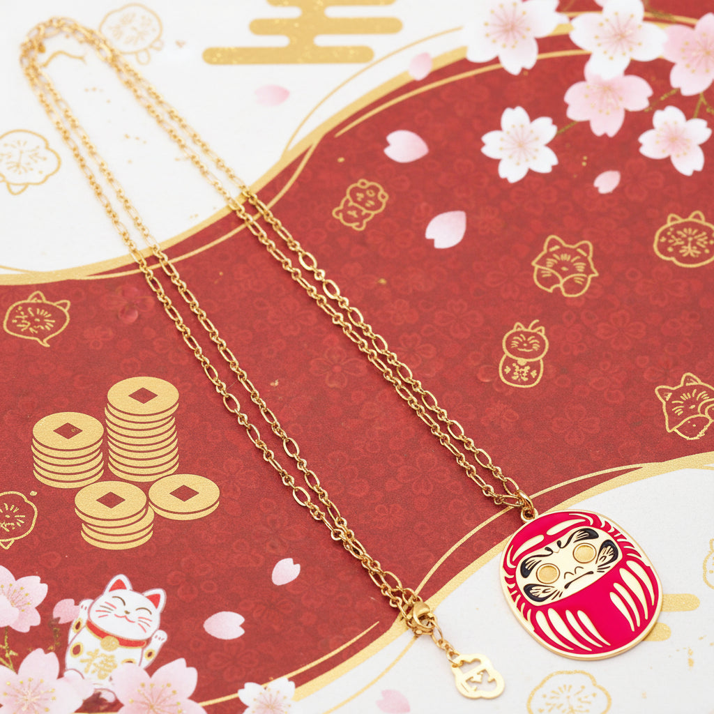 Collana con ciondolo Daruma Rosso simbolo di Fortuna Giapponese 90 cm