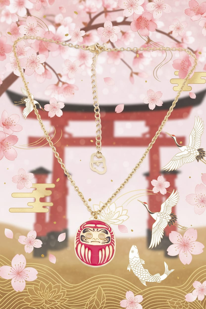 Collana Daruma Rosso ciondolo medio in ottone placcato oro e smalto - sfondo portafortuna  giapponese 