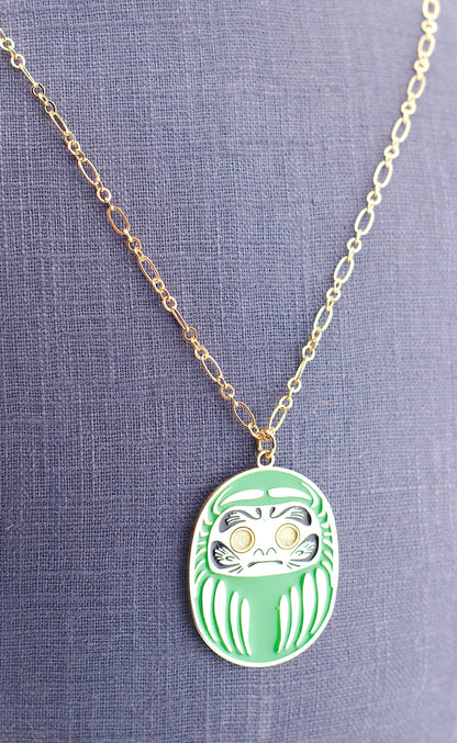 Collana Daruma Verde oro 24K simbolo di salute e benessere con ciondolo elegante 90 cm per donna
