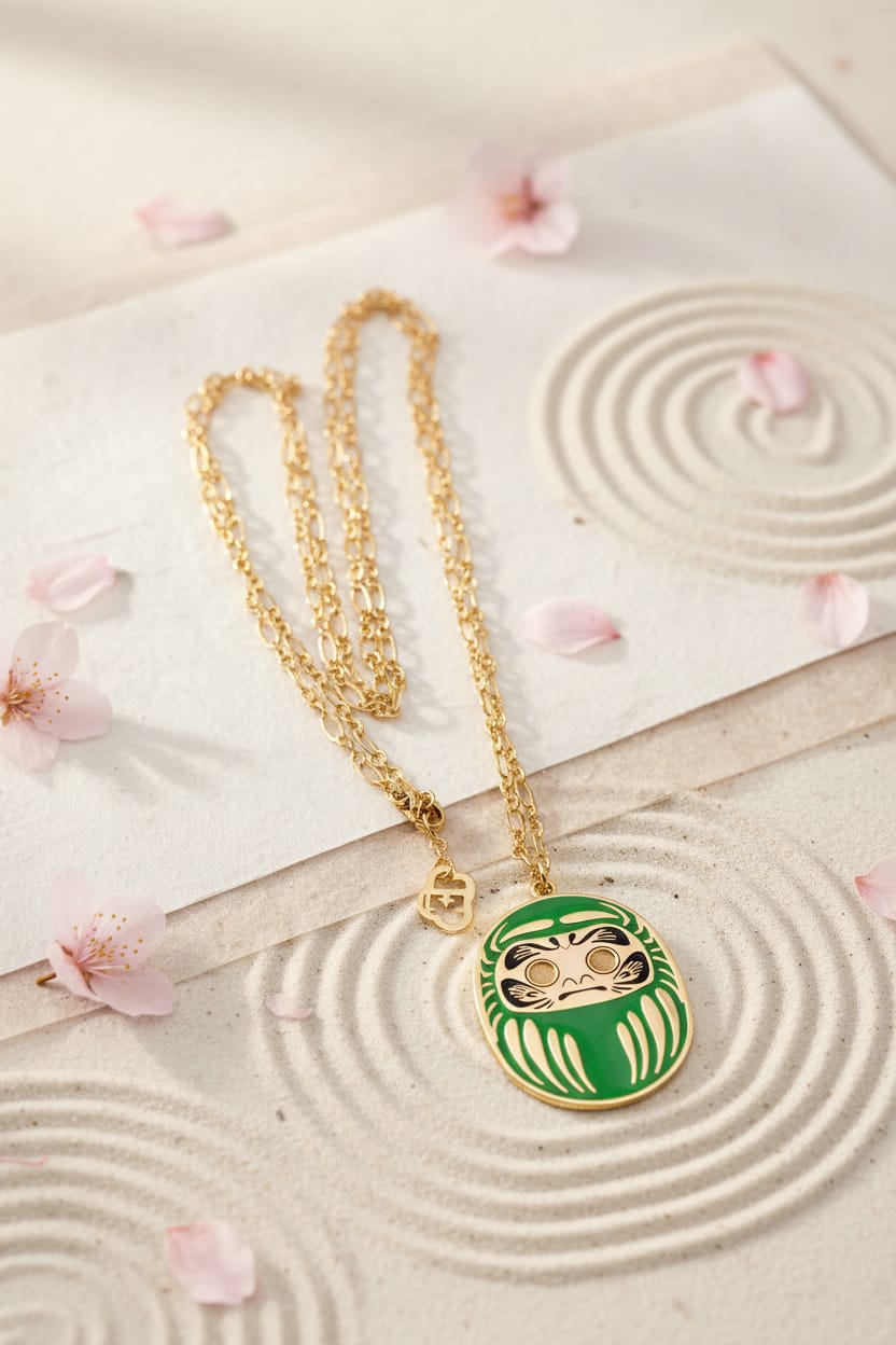Collana Daruma Verde portafortuna per salute e benessere Giapponese su sabbia e petali ciliegio 