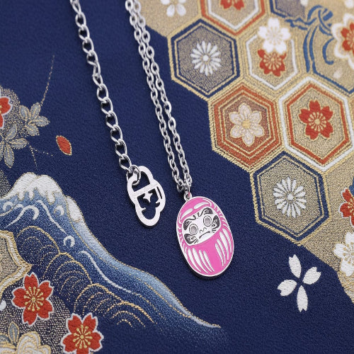 Collana Uomo Mini Daruma Rosa in rodio e acciaio simbolo di amore relazioni e creatività stile minimal 50 cm uomo unisex 