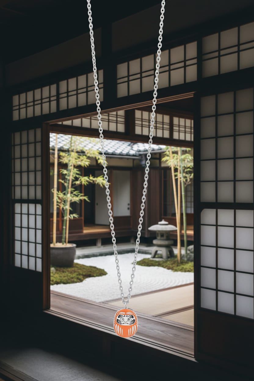 Collana Uomo Mini Daruma Arancione protezione famiglia e nuovi inizi , in acciaio lunghezza regolabile 50 cm