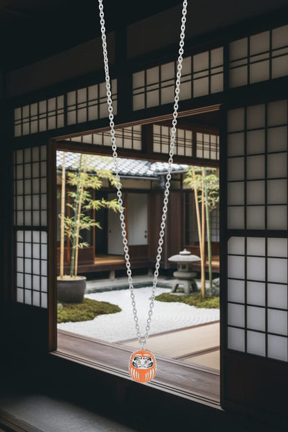 Collana Uomo Mini Daruma Arancione protezione famiglia e nuovi inizi , in acciaio lunghezza regolabile 50 cm