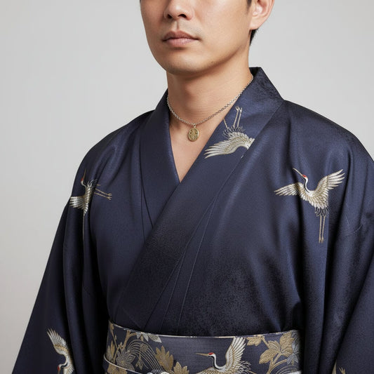 Collana_mini_daruma_oro_unisex_in_acciaio_indossato_da_uomo_in_kimono_blu