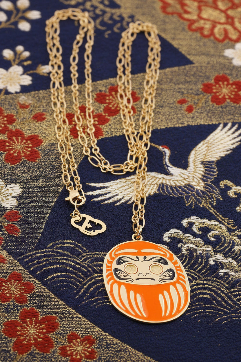 Collana Daruma Arancione con ciondolo oro 24K simbolo di famiglia creatività e nuovi inizi catena lunga 90 cm donna