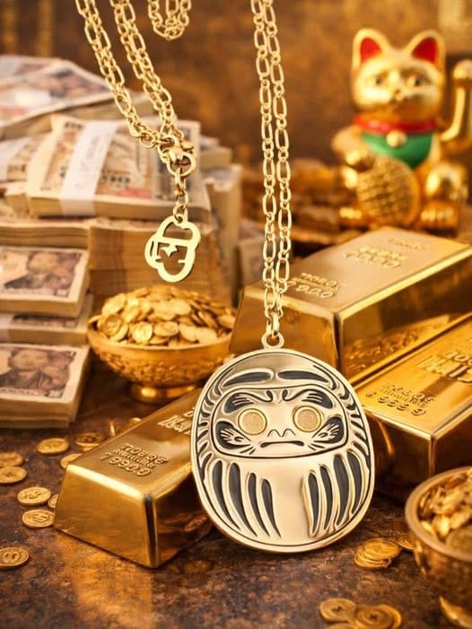 Collana Daruma Oro , simbolo portafortuna  giapponese per ricchezza e abbondanza. Collana lunga 90cm