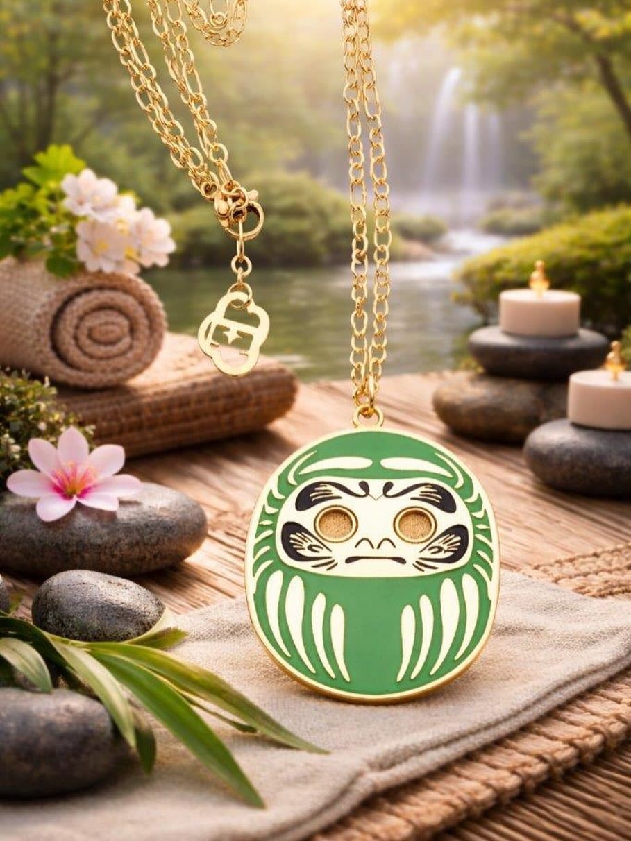 Collana Salute Daruma Verde 90cm dettaglio ciondolo – simbolo salute e benessere Nuage d'Étoiles