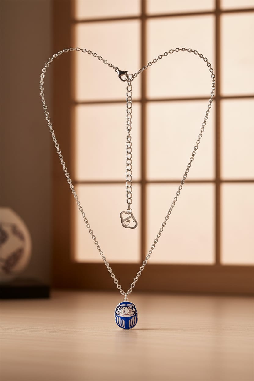 Collana Unisex daruma blu in acciaio portafortuna per studio e lavoro