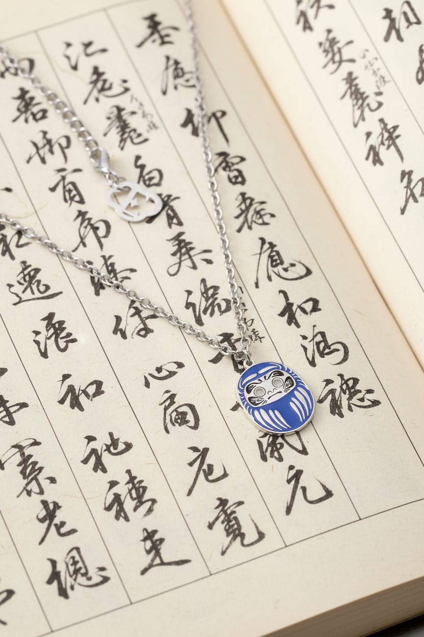 Collana Daruma mini blu in acciaio portafortuna giapponese per studio e lavoro su libro giapponese