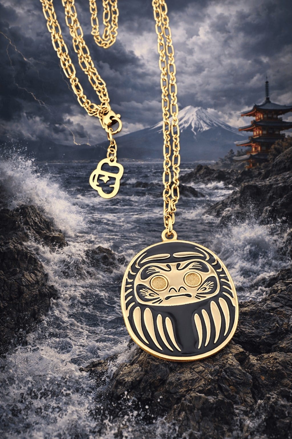 Collana Daruma Nera Oro 24K 90cm sfondo tempesta – simbolo protezione e successo Nuage d'Étoiles