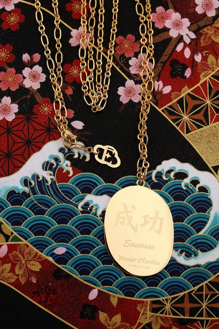 Collana con ciondolo Daruma nero, simbolo di successo contro le avversità, cm90 , incisione retro
