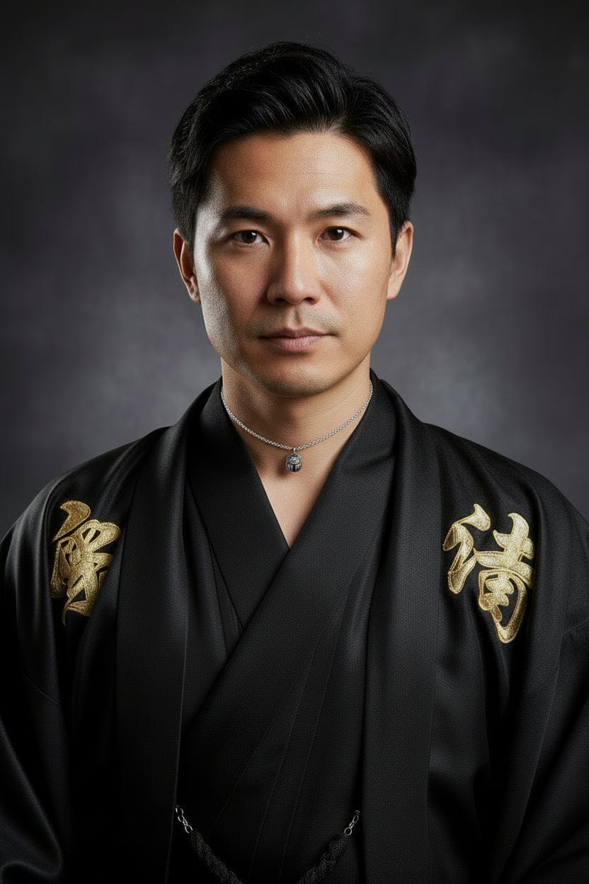 Collana Daruma nero da uomo portafortuna , successo contro le avversità, Man wearing a black traditional outfit with gold accents on a dark background