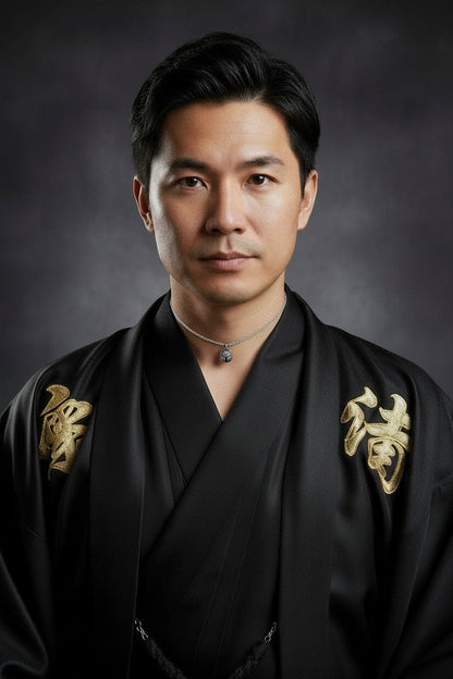 Collana Daruma nero da uomo portafortuna , successo contro le avversità, Man wearing a black traditional outfit with gold accents on a dark background