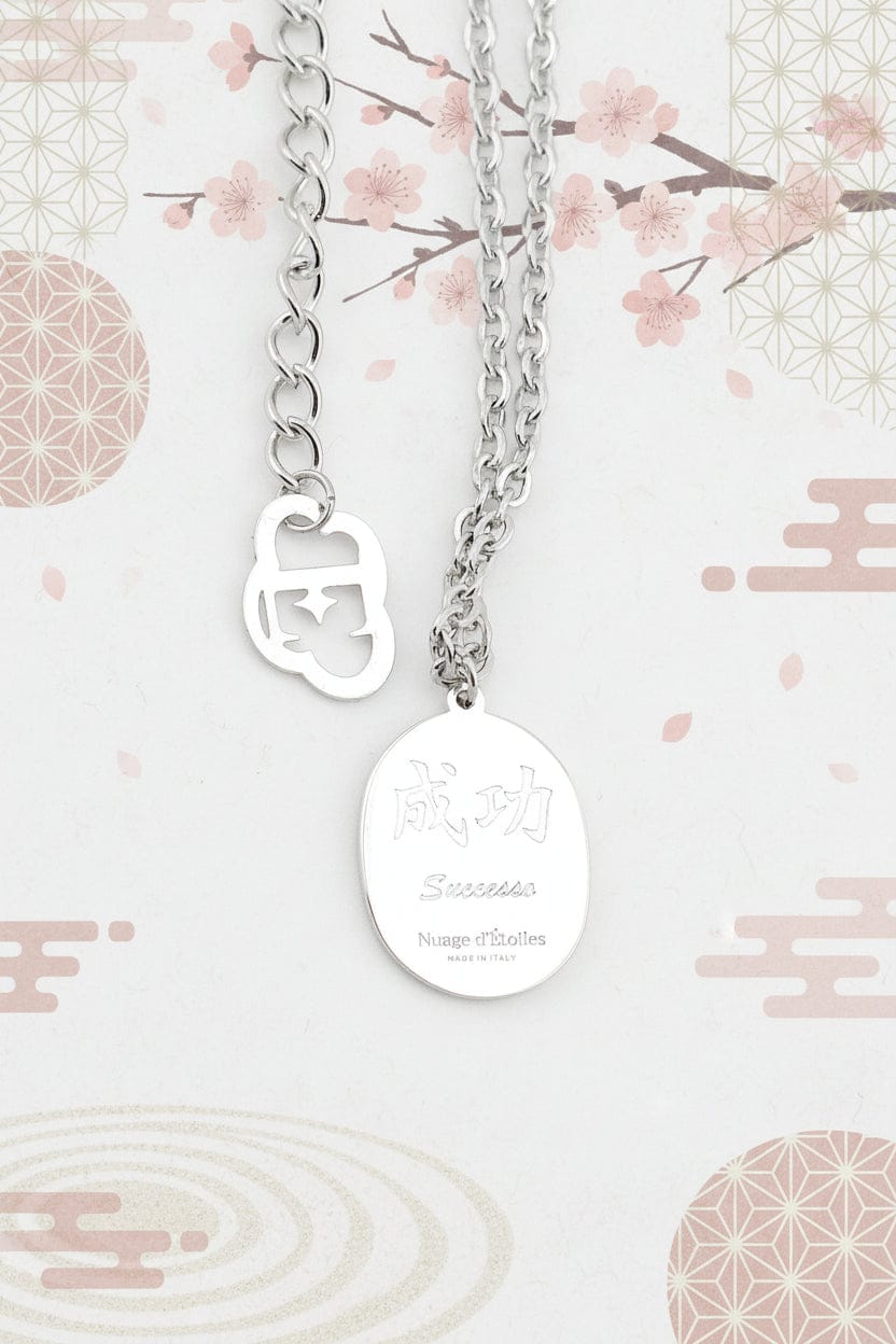 Collana Uomo Mini Daruma Nera in rodio e acciaio simbolo di successo forza e protezione stile minimal 50 cm