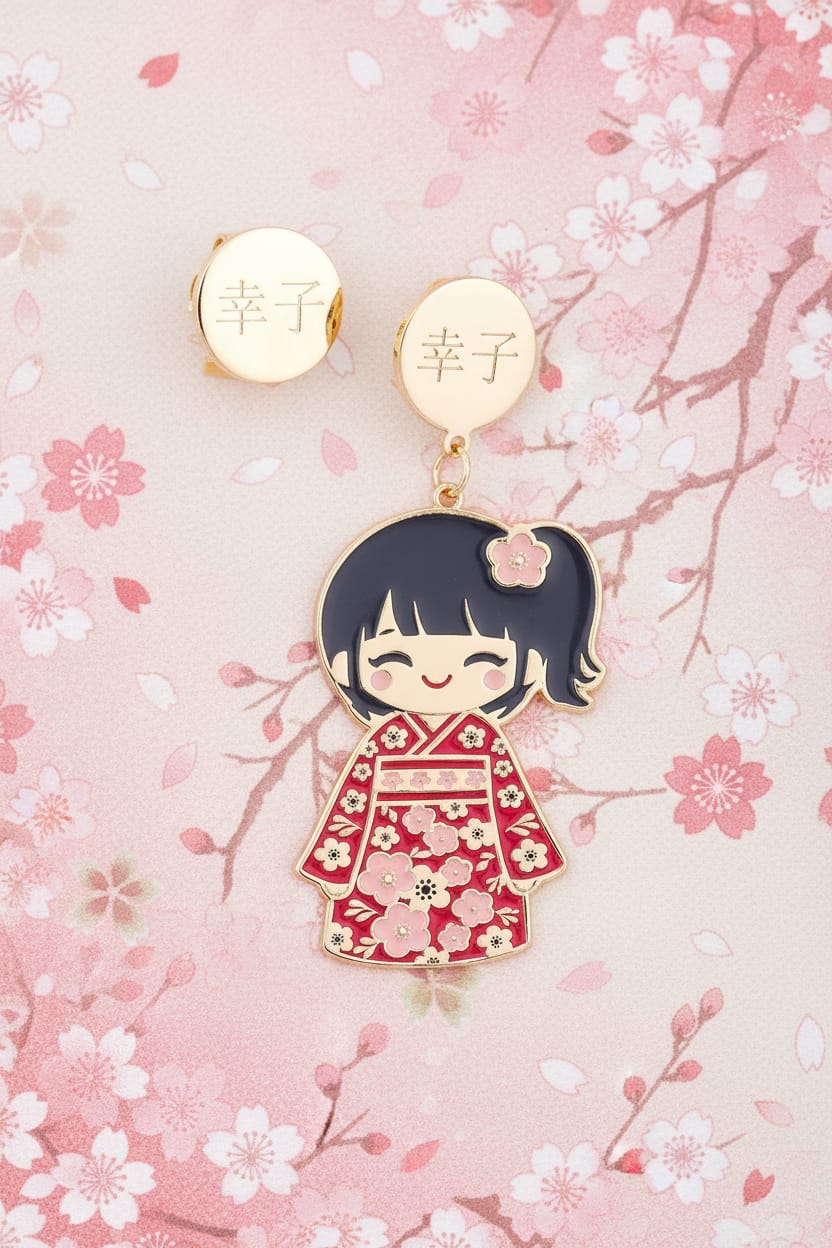 Orecchini Sachiko Kokoro oro 24kt smaltati a mano con kimono rosso e fiori di ciliegio – Nuage d'Étoiles