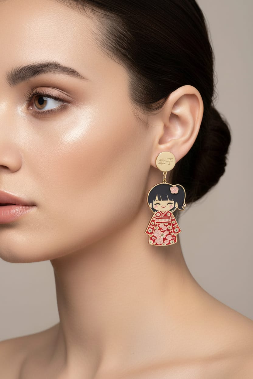 Orecchini Sachiko Kokoro indossati, bambola giapponese in kimono rosso con disco oro 24kt – Nuage d'Étoiles