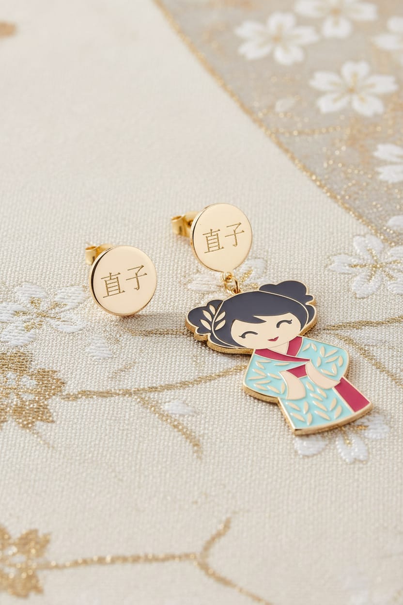 Orecchini Naoko Kokoro oro 24kt su tessuto ricamato, bambola kawaii in kimono azzurro con disco inciso 直子 – Nuage d'Étoiles