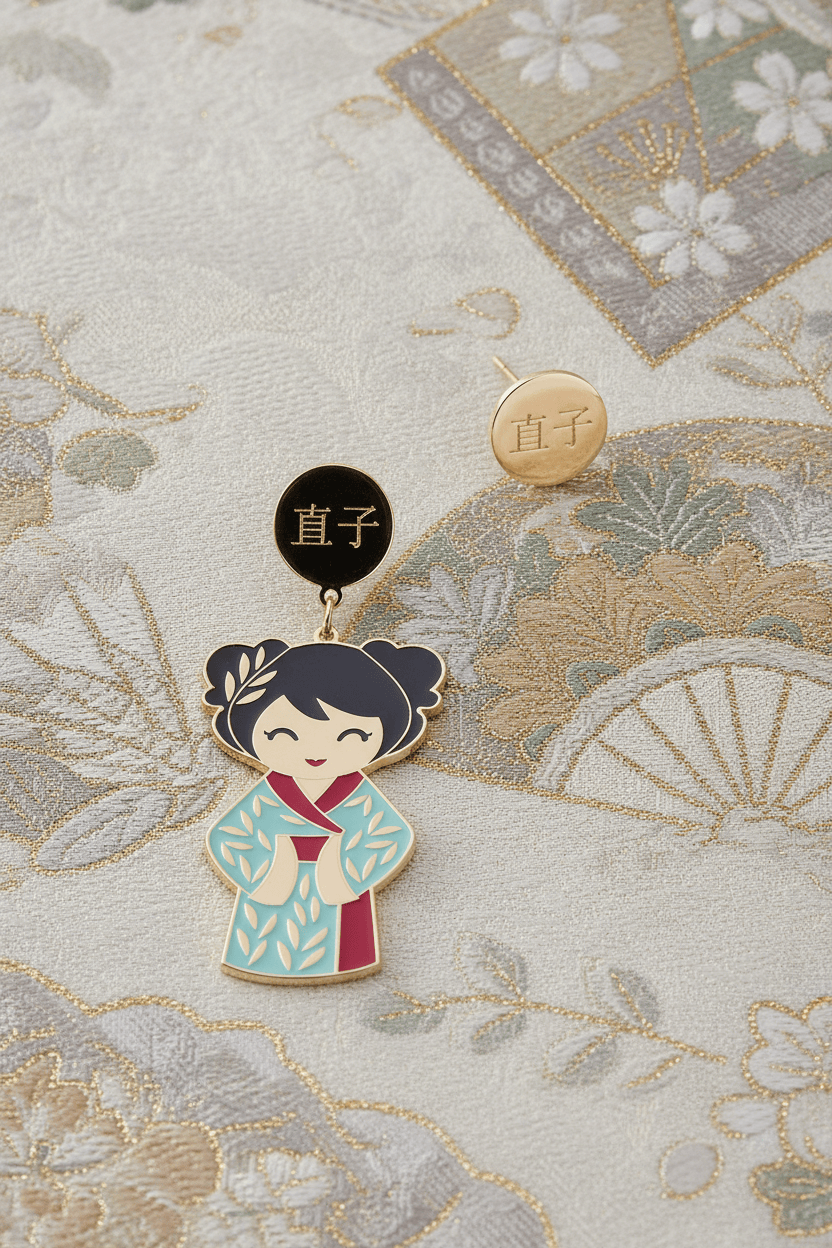 Orecchini Naoko Kokoro su tessuto con ventagli dorati, bambola kawaii kimono azzurro e tappalobo inciso 直子 – Nuage d'Étoiles
