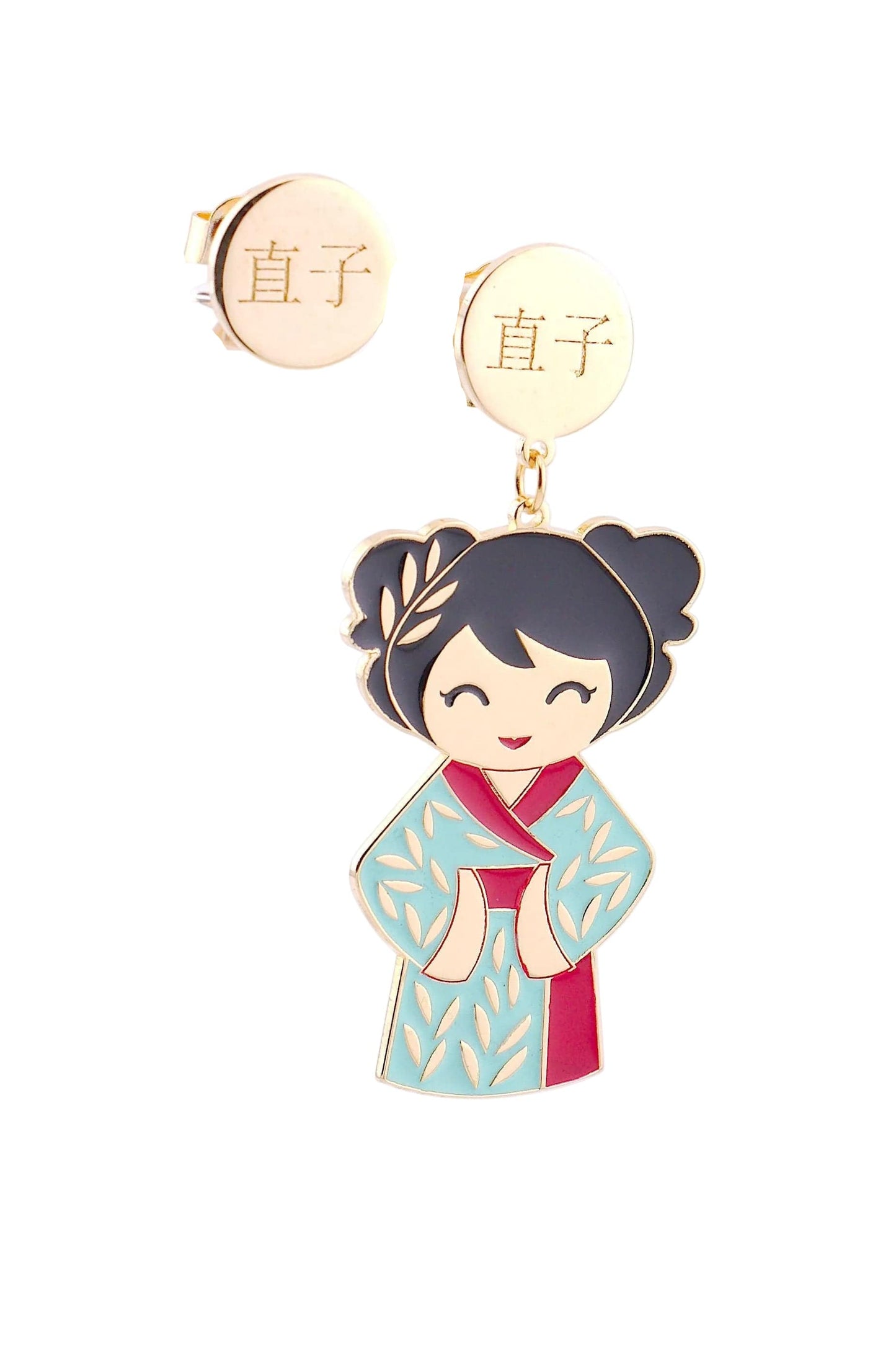 Retro orecchini Naoko Kokoro placcati oro 24kt con incisione Naoko 直子 Kokoro - sfondo bianco – Nuage d'Étoiles