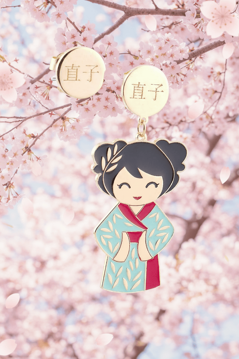 Retro orecchini Naoko Kokoro placcati oro 24kt con incisione Naoko 直子 Kokoro –sfondo fiorito -Nuage d'Étoiles