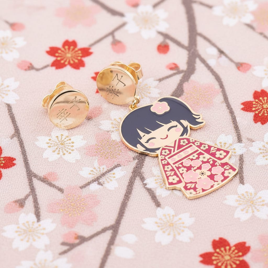 Orecchini Sachiko Kokoro su tessuto sakura, bambola kawaii in kimono rosso smaltato – Nuage d'Étoiles