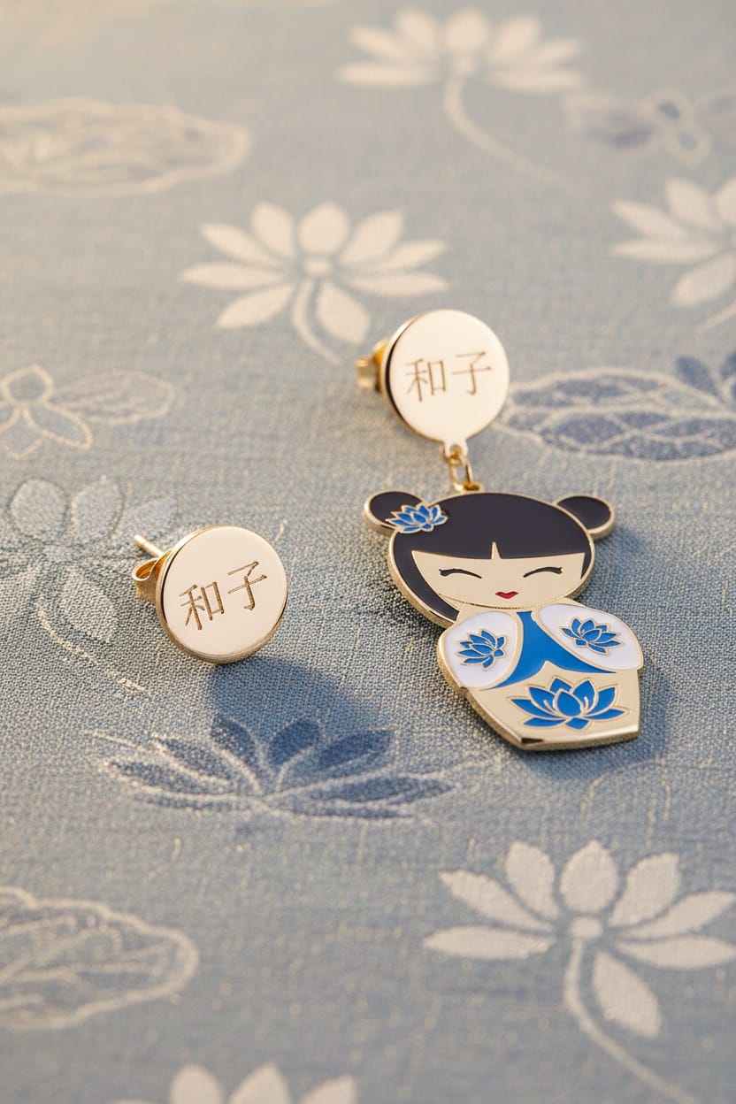 Orecchini Kazuko Kokoro oro 24kt su tessuto azzurro fiorito, bambola kawaii kimono blu con loto e disco inciso 和子 – Nuage d'Étoiles
