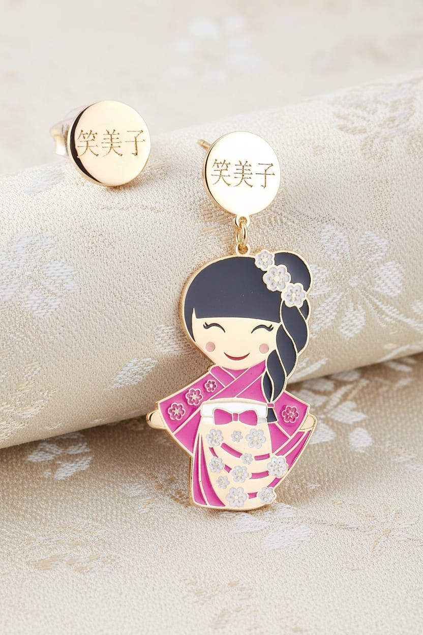 Orecchini Emiko Kokoro oro 24kt su tessuto giapponese rosa con fiori di ciliegio, bambola kawaii kimono fucsia sorridente con disco inciso 笑美子 – Nuage d'Étoiles
