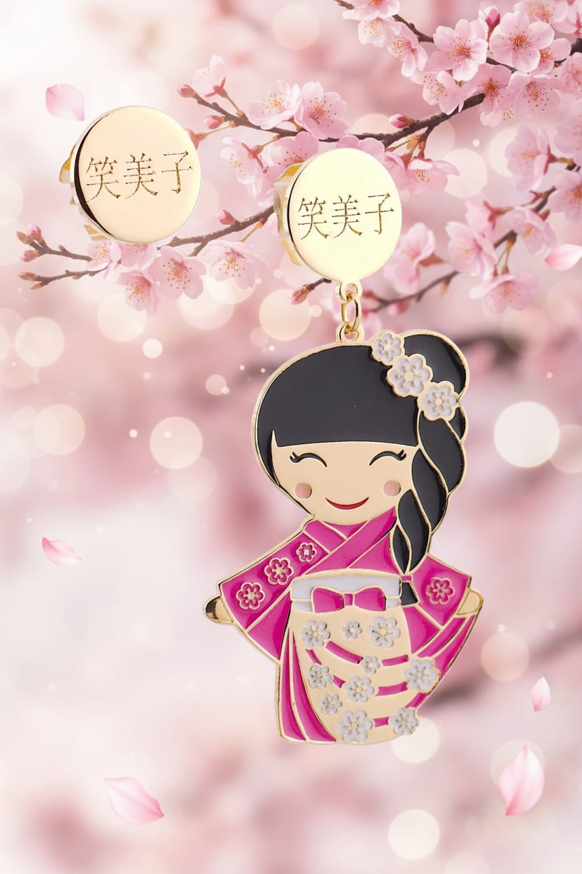 Orecchini Emiko Kokoro oro 24kt su sfondo sakura con petali di ciliegio, bambola kawaii kimono fucsia sorridente e disco inciso 笑美子 – Nuage d'Étoiles

