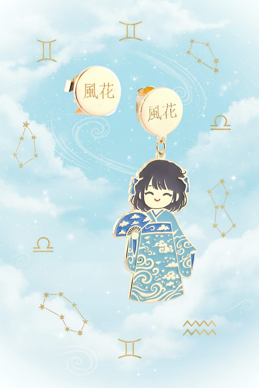Orecchini Fuuka Kokoro oro 24kt su display acrilico con sfondo azzurro e segni zodiacali aria – Gemelli, Bilancia, Acquario – bambola kawaii kimono azzurro nuvole con tappalobo inciso 風花 – Nuage d'Étoiles
