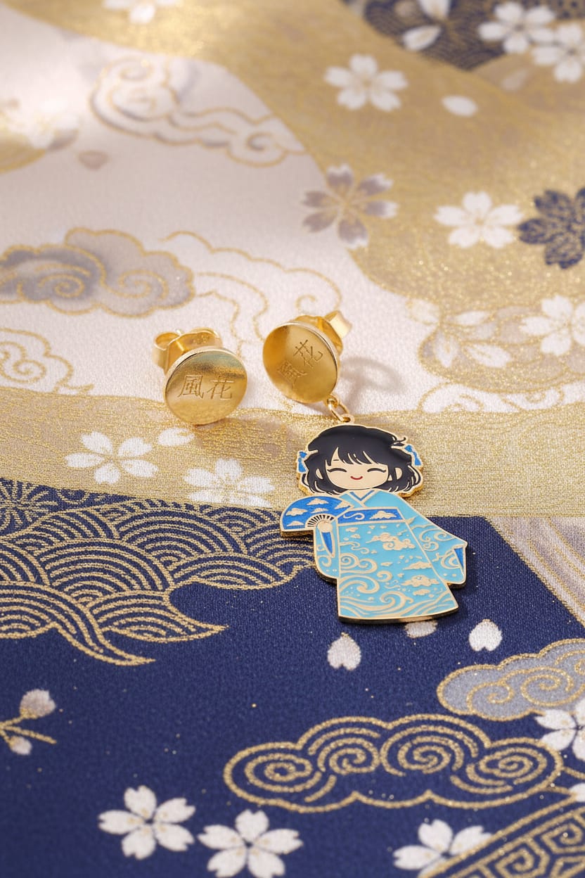 Orecchini Fuuka Kokoro smaltati a mano su tessuto giapponese blu e oro con nuvole e fiori di ciliegio, bambola kawaii kimono azzurro con ventaglio e disco inciso 風花 – Nuage d'Étoiles
