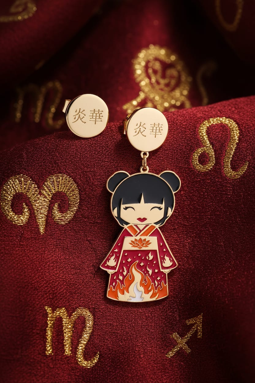 Orecchini Hinoka Kokoro oro 24kt su tessuto rosso bordeaux con segni zodiacali fuoco – Ariete, Leone, Sagittario – bambola kawaii kimono rosso con fiamme e disco inciso 炎華 – Nuage d'Étoiles
