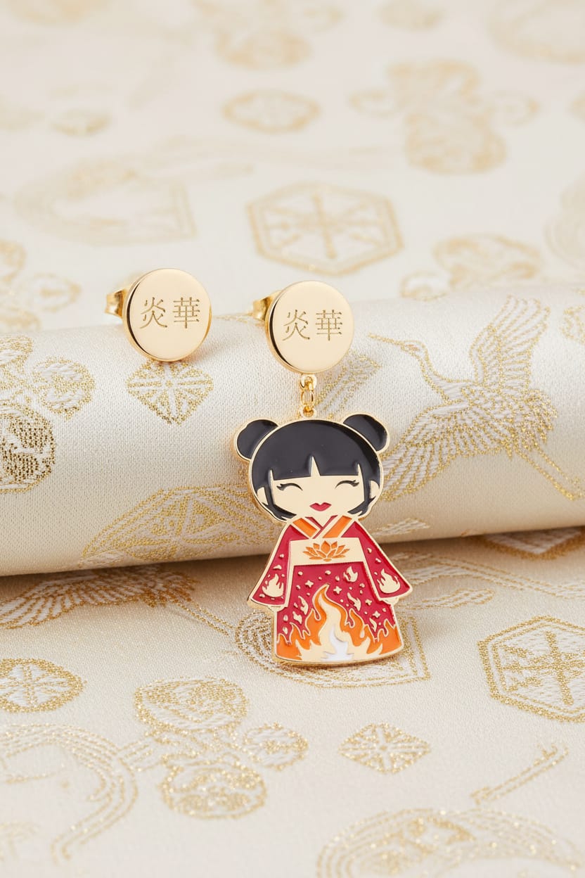 Orecchini Hinoka Kokoro smaltati a mano su tessuto giapponese bianco con gru dorate, bambola kawaii kimono rosso con fiamme e loto e disco inciso 炎華 – Nuage d'Étoiles
