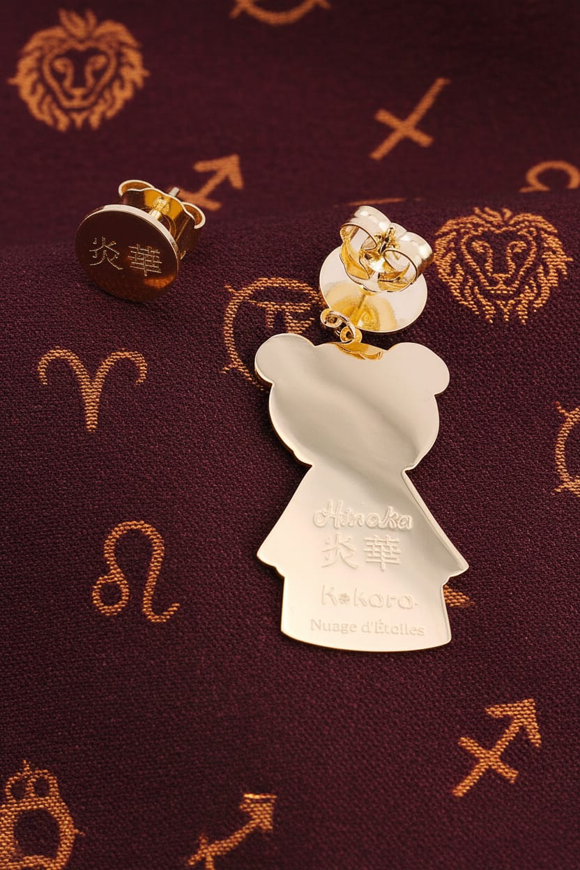 Retro orecchini Hinoka Kokoro placcati oro 24kt con incisione Hinoka 炎華 Kokoro su tessuto rosso bordeaux con segni zodiacali fuoco – Nuage d'Étoiles
