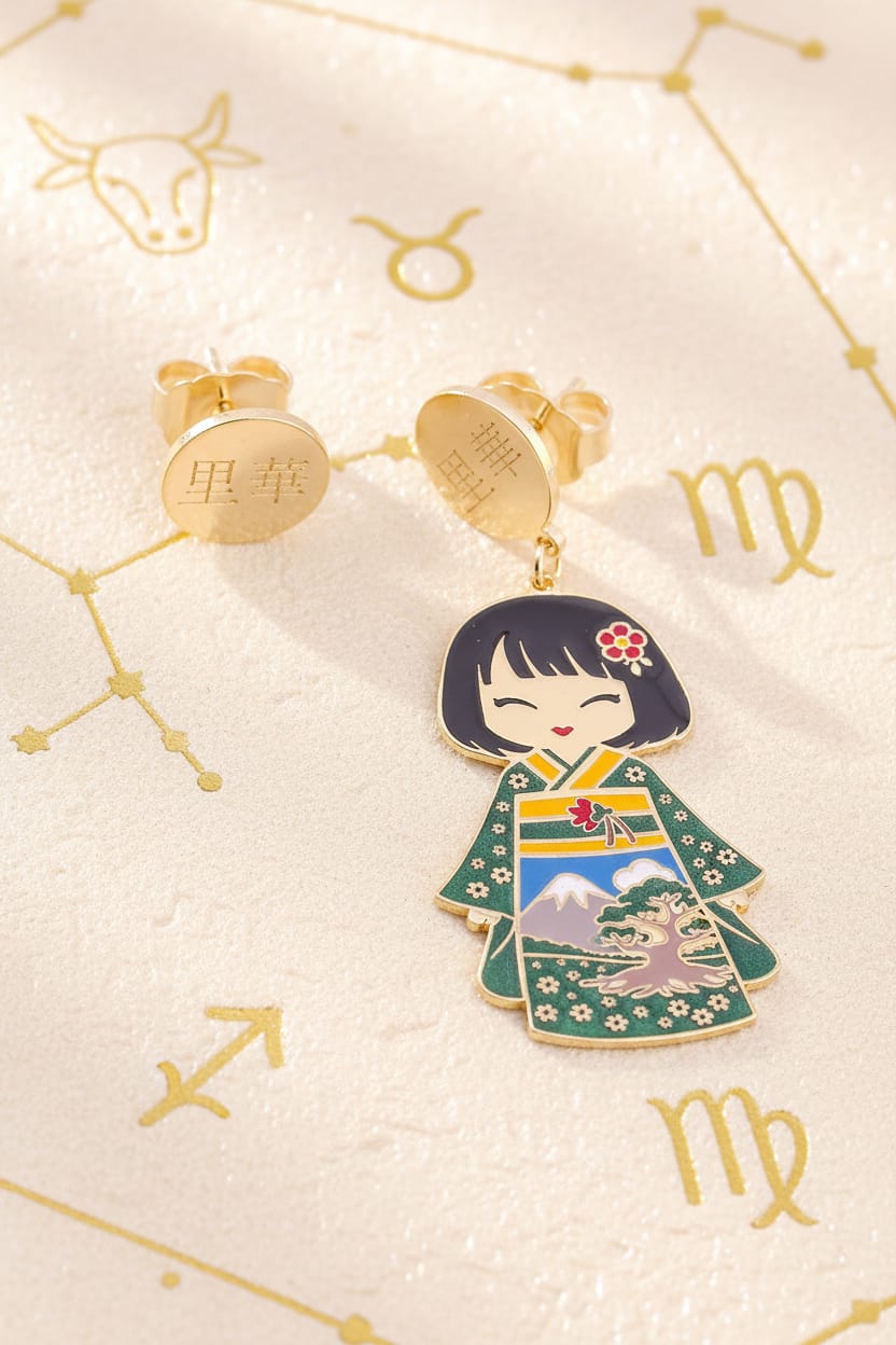Orecchini Rika Kokoro oro 24kt su sfondo stellato con segni zodiacali terra – Toro, Vergine, Capricorno – bambola kawaii kimono verde con Monte Fuji e bonsai 里華 – Nuage d'Étoiles
