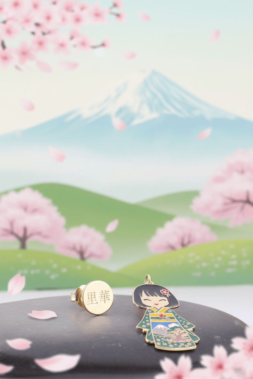 Orecchini Rika Kokoro oro 24kt su sfondo Monte Fuji con fiori di ciliegio – bambola kawaii kimono verde 里華 – Nuage d'Étoiles