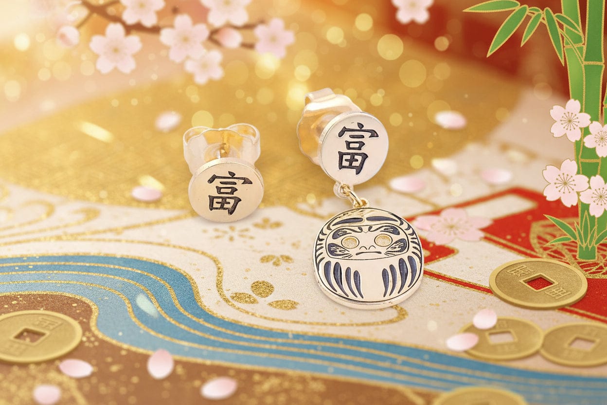 Orecchino Mini Daruma Oro – tappalobo con simbolo kanji ricchezza, collezione Daruma, Nuage d'Etoiles