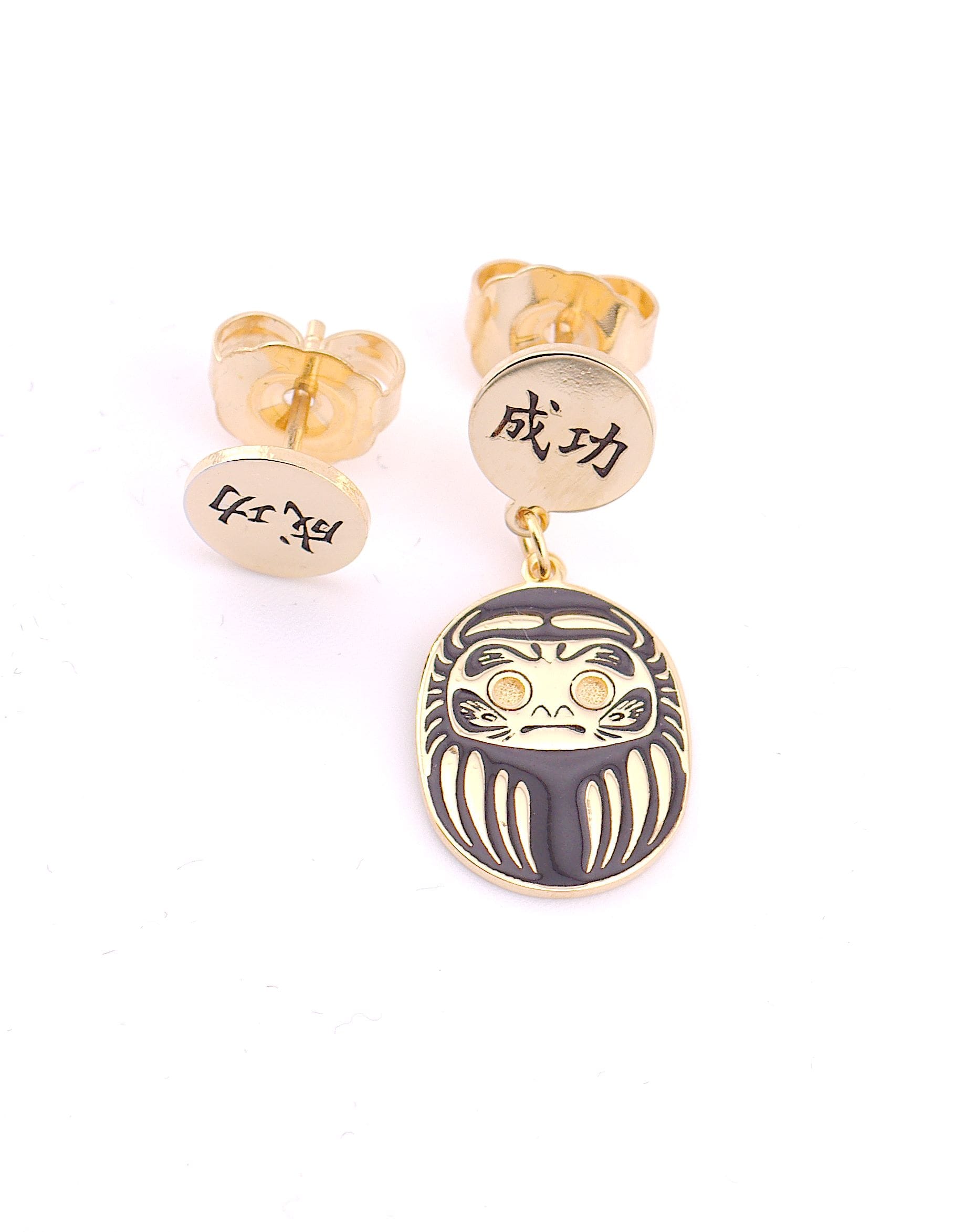 Orecchino Mini Daruma Nero – tappalobo con simbolo kanji successo, collezione Daruma Mini, Nuage d'Etoiles