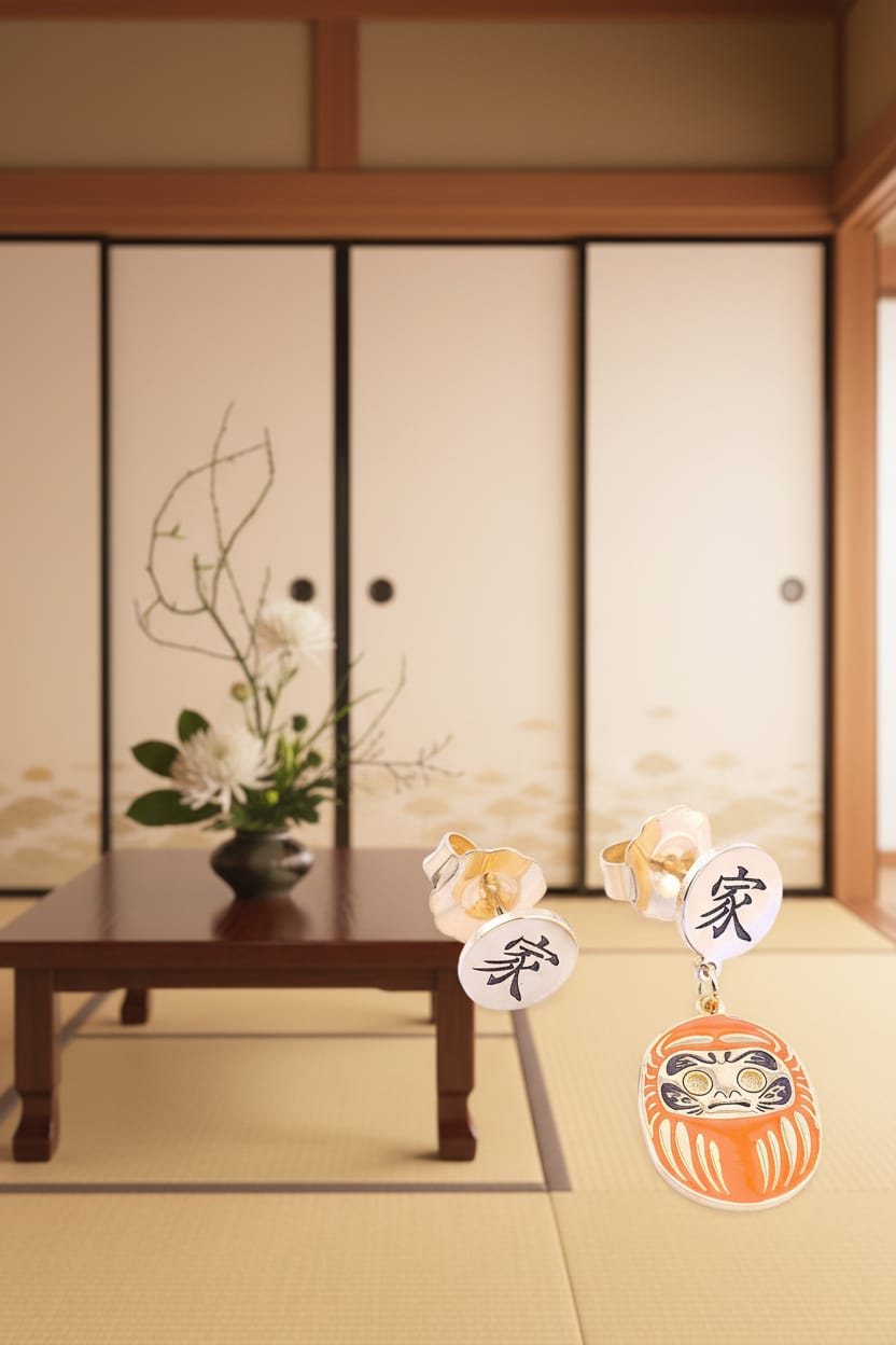 Orecchino Daruma Arancio – dettaglio ciondolo 21x27mm placcato oro 24kt, collezione Daruma, Nuage d'Etoiles