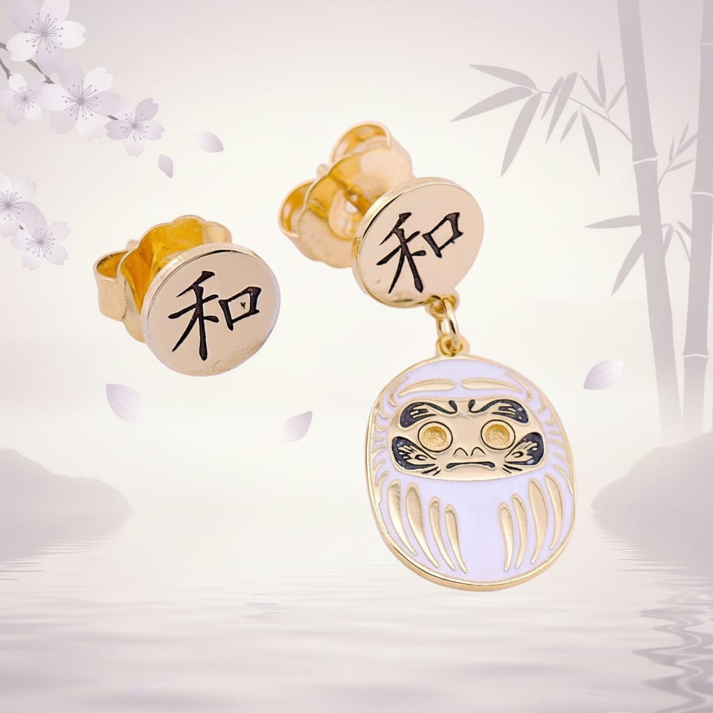 Orecchino Mini Daruma Bianco – tappalobo con simbolo kanji armonia, collezione Daruma Mini, Nuage d'Etoiles