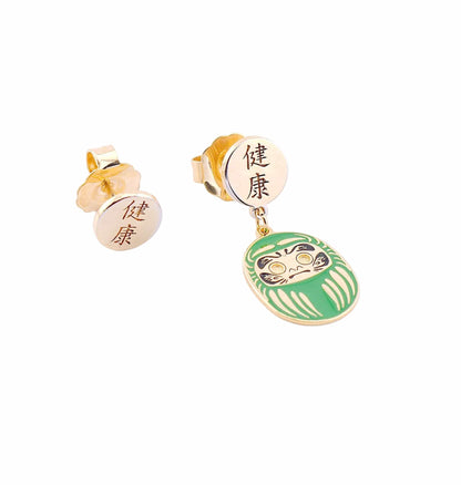 Orecchino Mini Daruma Verde – tappalobo con simbolo kanji salute, collezione Daruma Mini, Nuage d'Etoiles