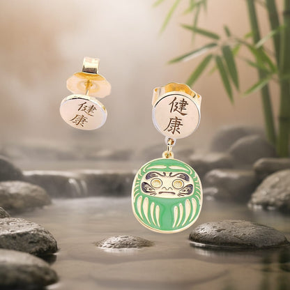 Orecchino Mini Daruma Verde – salute e benessere, vista frontale, collezione Daruma Mini, Nuage d'Etoiles