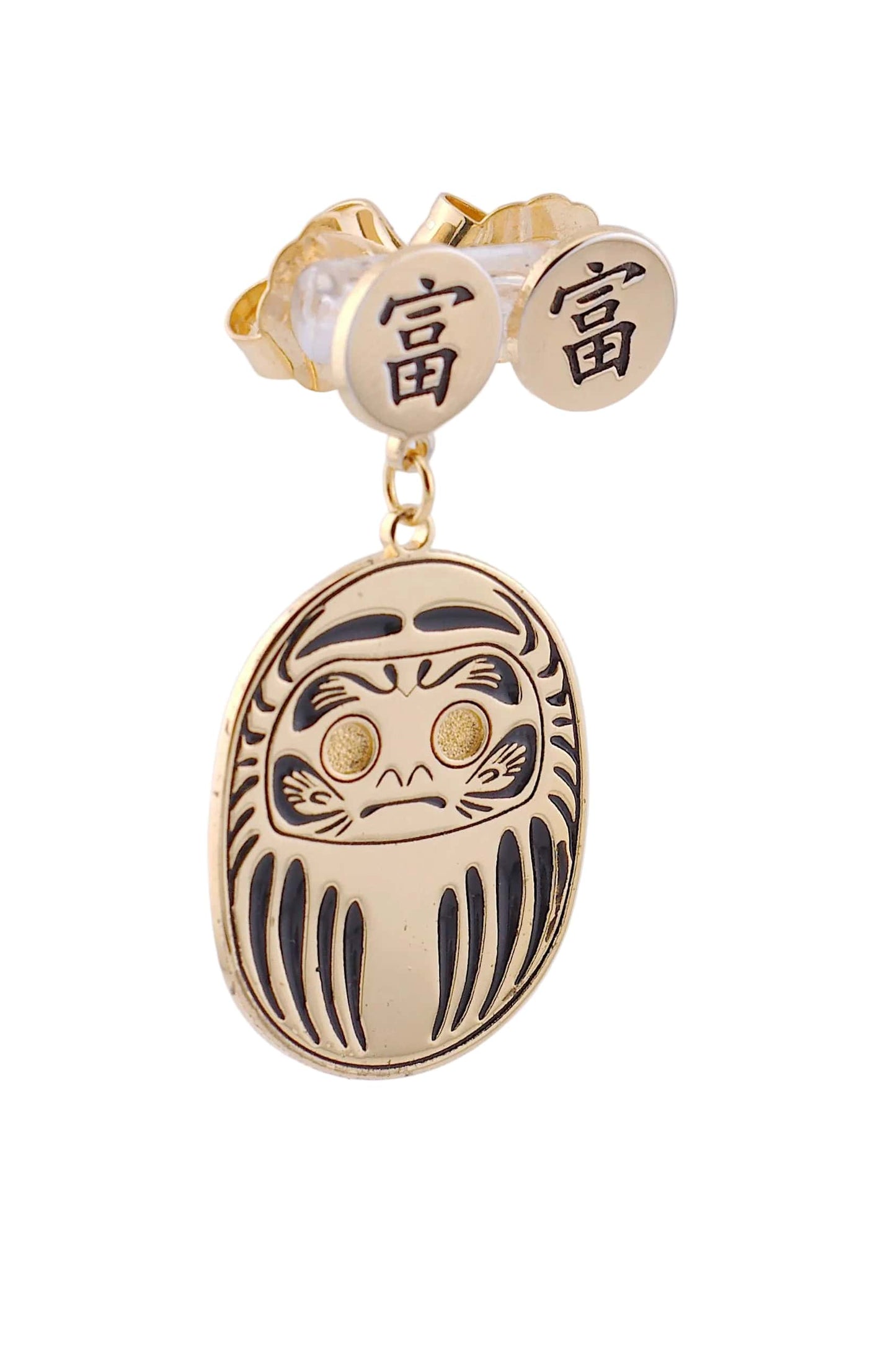 Orecchino Daruma Oro – tappalobo con simbolo kanji ricchezza, collezione Daruma, Nuage d'Etoiles